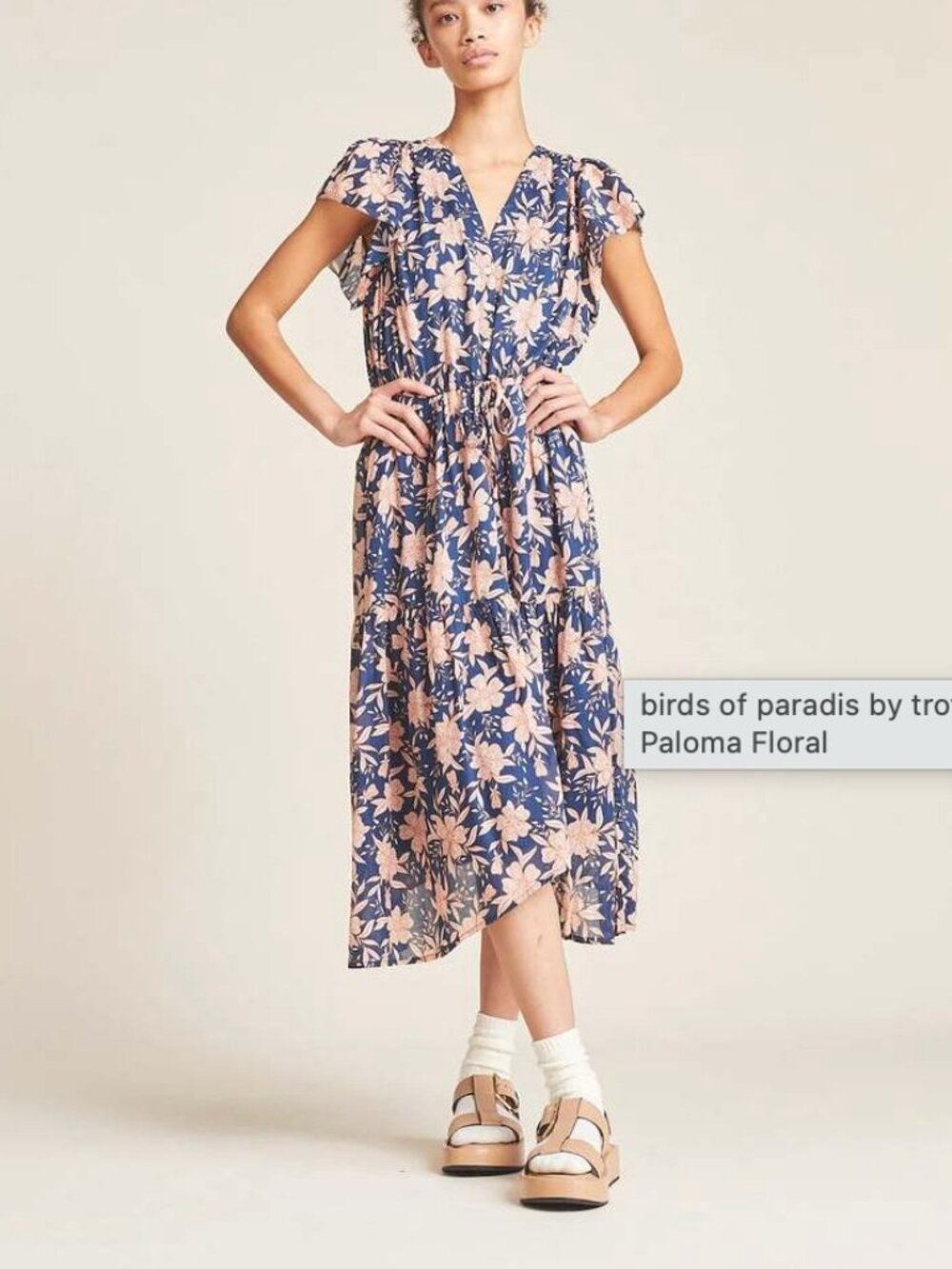 Trovata Birds of Paradis Carnation Floral Flutter Sleeve Midi Dress Navy